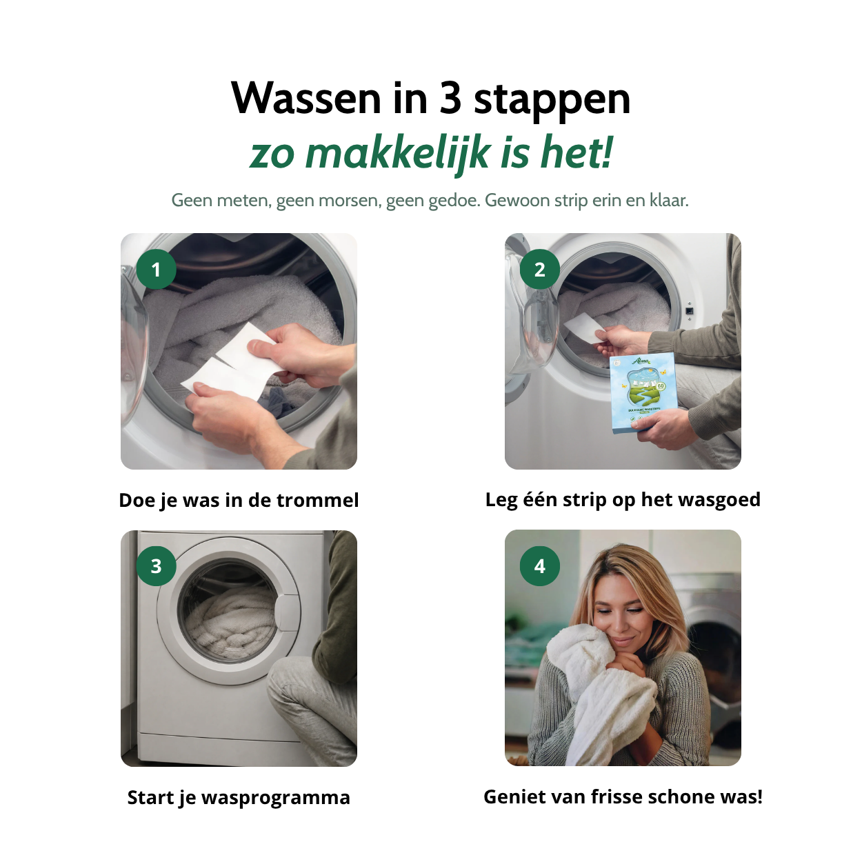 Wassen met Aluna wasstrips in drie stappen – strip afscheuren, in de trommel leggen en wassen